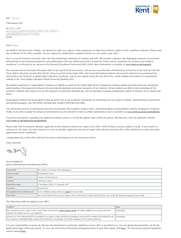 恭喜同学拿到英国KENT OFFER 