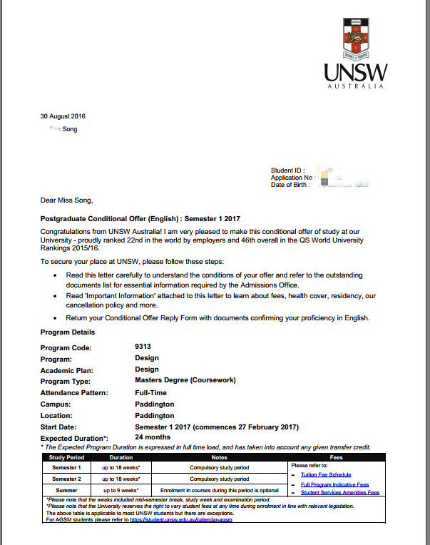 恭喜宋同学获得新南威尔士大学offer