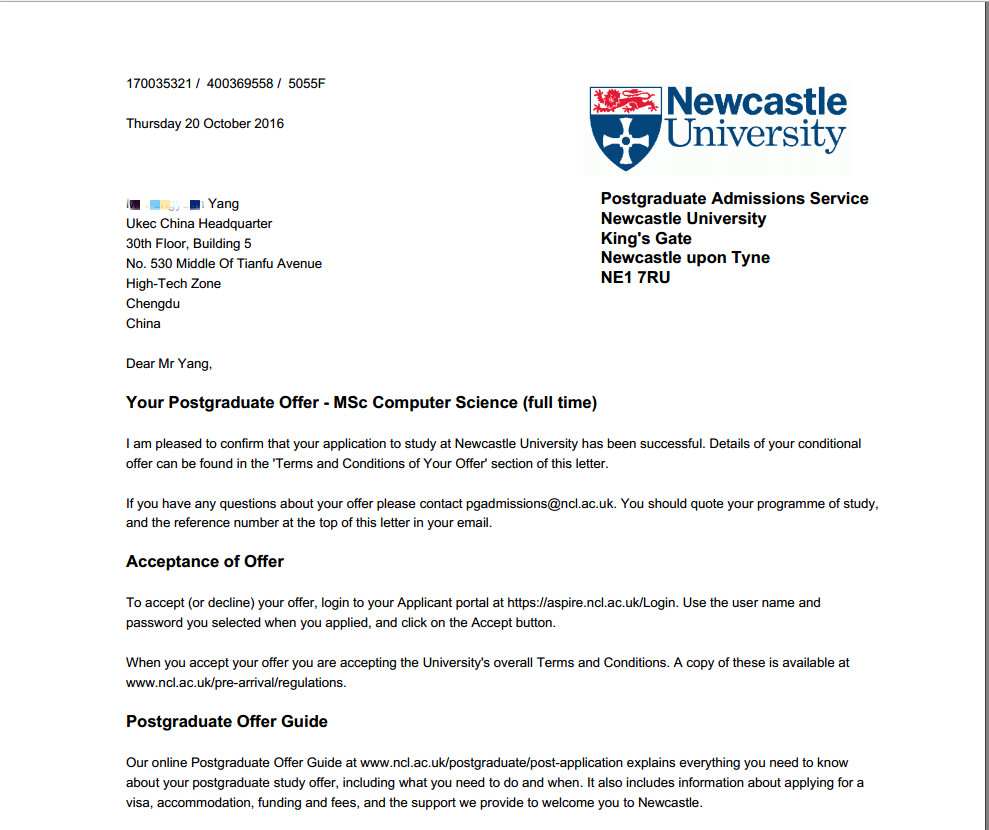 恭喜杨同学获得英国Newcastle大学offer
